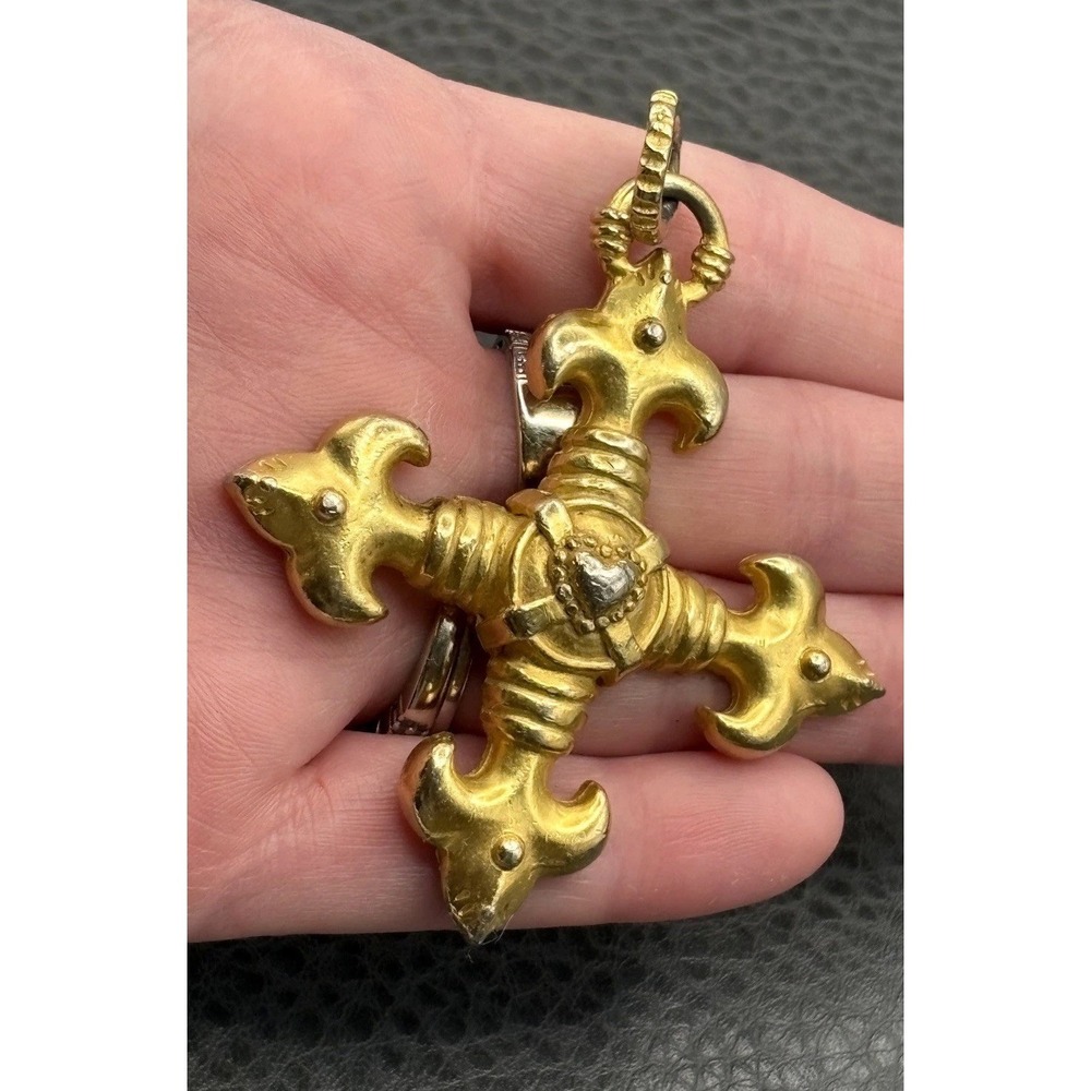 Vintage C. Stein Signed 80s Gold Tone Ornate Heart Maltese Cross Pendant Chunky